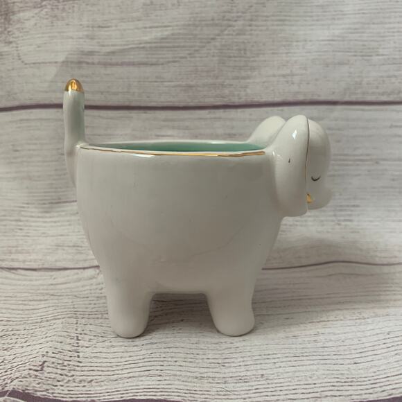 Elephant Trinket Dish Jewelry Holder Succulent Planter Gold Trim Teal Interior - Picture 5 of 12